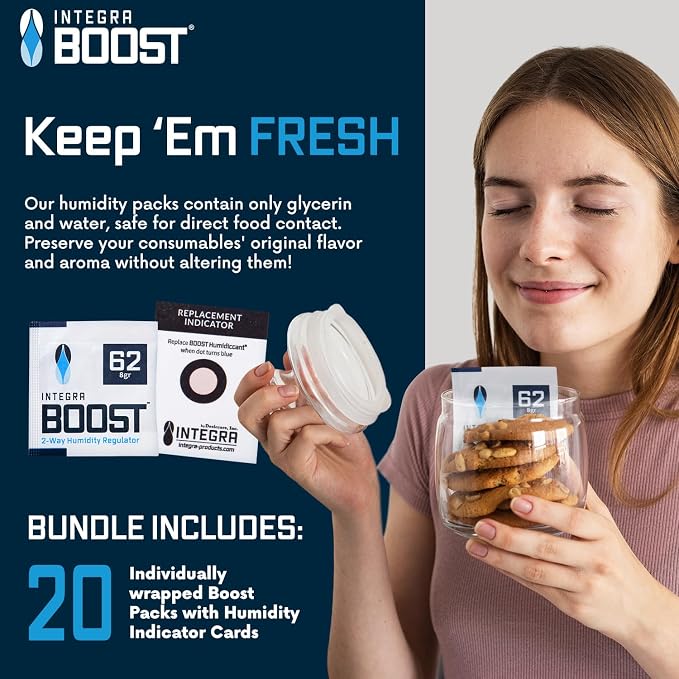 Integra Boost 62% RH, 2 Way Humidity Control Packs – 8g Size for Storing Up to 1oz – Pack of 20 Moisture Absorbers for Small Jars & Containers – Humidifier Packets for Herbs & Spices in Resealable Bag