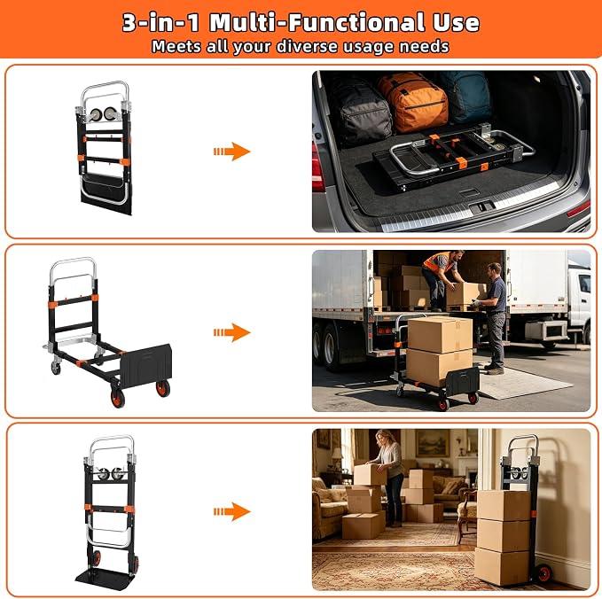 3 in 1 Hand Truck, 600Lbs Capacity, Heavy Duty Collapsible Cart with Retractable Handle, Dolly Cart with 2 Universal Wheel with Brake for Moving Home, Office, School, Shopping, Warehouse, Orange