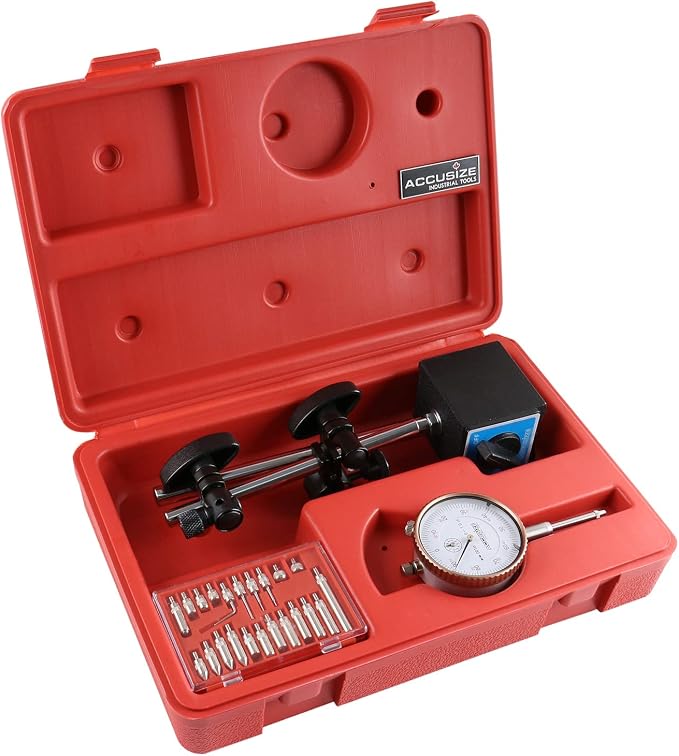 Accusize Industrial Tools 3 Pc Set, 110 Lb Capacity Magnetic Base, 0-1'' by 0.001'' Dial Indicator and 22 Ps Indicator Point Kit, Eg01-1039