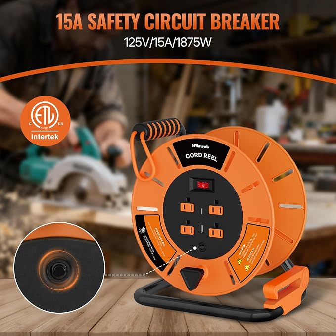 18W LED Work Light and Extension Cord Storage Reel with 4-Grounded Outlet & 2 USB Port Bundle, for Garage, Workshop, Car Repair Scene, ETL Listed J04WL06-G85CR06