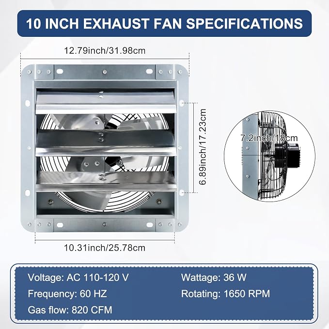 Criditpid 10 Inch Wall Mounted Shutter Exhaust Fan with ON/OFF Switch, High-Speed, Low-Noise Pure Copper Motor, Wall Exhaust Fan for Gable, Shed, Garage, Greenhouse, Kitchen, Attic, 820CFM, 1650RPM.
