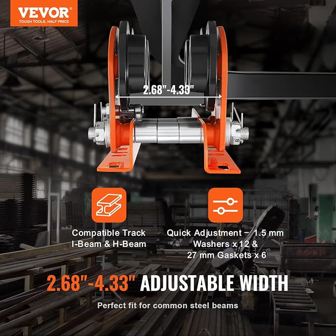 VEVOR Electric Hoist Manual Trolley, 2200 lbs/1 Ton Capacity for PA200 PA250 PA300 PA400 PA500, Push Beam Trolley with Dual Wheels, 2.68"-4.33" Adjustable Beam Flange Width for Straight Curved I Beam