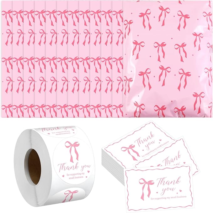 200 Pack 10x13 Pink Bow Poly Mailers Waterproof Self Adhesive Cute Shipping Bags with Thank Cards and Stickers for Small Business Large Mailing Envelopes Bulk Tear Resistant
