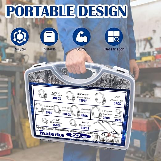 222PCS 304 Stainless Steel Hose Clamps Assortment Kit,Metal Adjustable 1/4"-2-3/4"(6-70mm) Worm Gear Hose Clamp Small Hose Clamps for Automotive,Radiator Pipe,Plumbing,Fuel Line