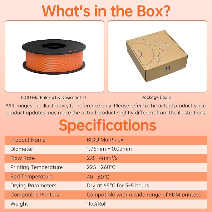 BIQU MorPhlex Flexible Filament 1.75mm, Turn 90A Into Ultra-Soft 75A with High Flexibility, 1Kg (2.2lbs) Spool - Dimensional Accuracy ±0.02 mm, Beginner-Friendly (Orange)