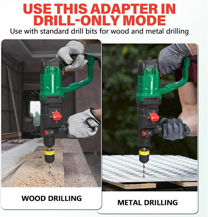 1" SDS-Plus Lightweight Concrete Rotary Hammer Drill w/ 1/2" Adapter | 9 Amp Corded Electric 7.2 Lbs 4 Functions & Reverse Variable Speed Safety Clutch Rotomartillo w/ 3 Drill Bits 2 Chisels Case
