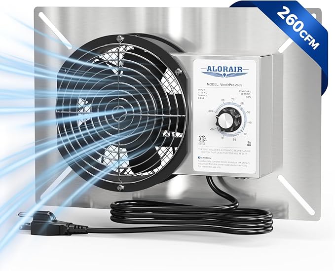 ALORAIR 260 CFM Stainless Steel Crawl Space Ventilation Fan with Humidistat Dehumidistat, IP55 Rated Crawlspace Vent Fan for Foundation Basements Garage Attic