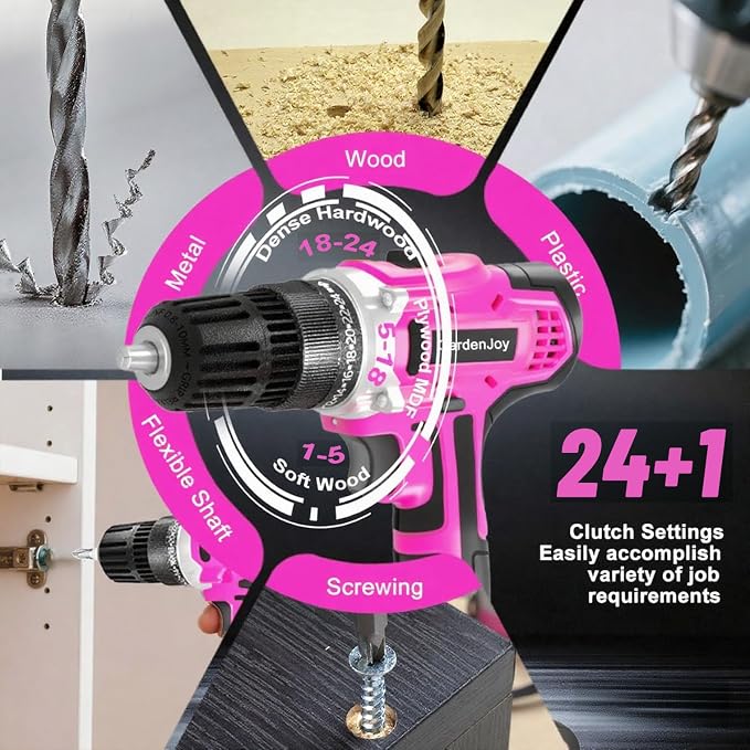 GardenJoy 20v Cordless Drill Set, Power Electric Kit 2 Batteries With Charger 30Nm 2-Speed 3/8" Keyless Chuck 24+1 Torque Drill Driver screwdriver Bits with LED Electric Work Light for Women DIY