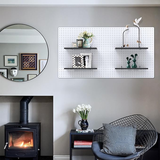17X8 Inch Large Pegboard Shelves Set of 2, Metal Peg Board Shelves Accessories, Flat Display Shelves for Pegboard, Metal Retail Display for Storage and Organization, Black