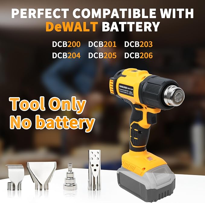 Cordless Heat Gun Compatible with DeWalt 20V Battery(Battery Not Included), 4 pcs Nozzles&Scraper, 4 Speed Airflow Control, Temperature Range 50-540℃, for Shrink Wrapping, DIY Crafts