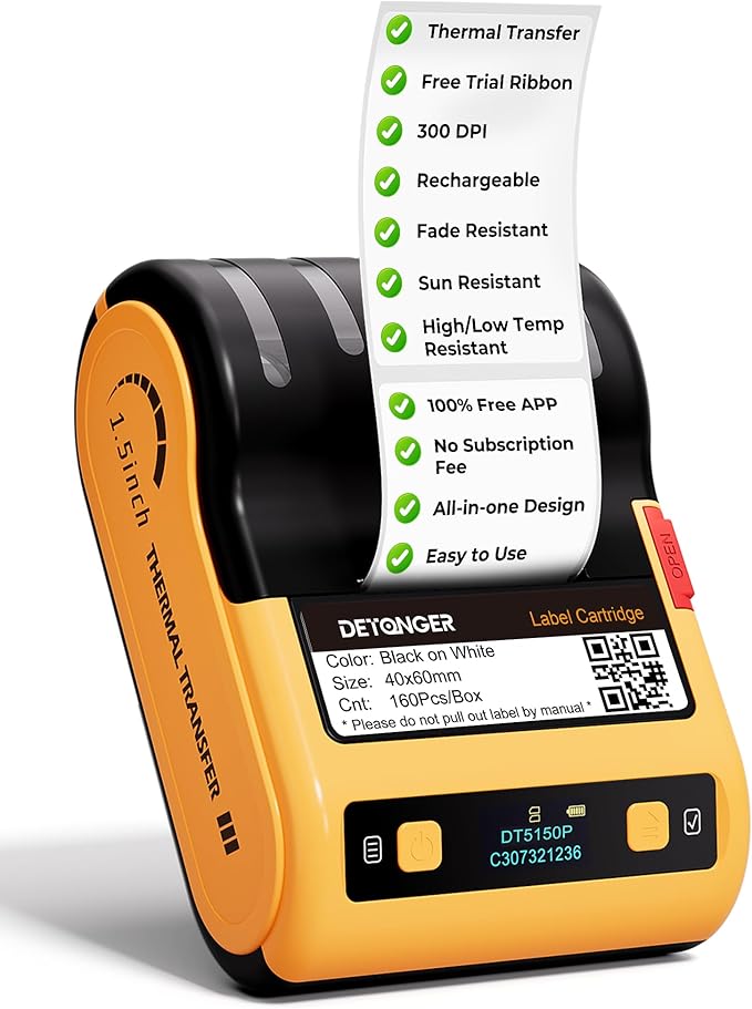 DT5150P 300DPI Industrial Thermal Transfer Label Printer, Rechargeable Colorfast Label Maker, Fade/Sun/High-Low Temp Resistant, for Outdoor & Job Sites, Mobile APP & PC Editor Compatible