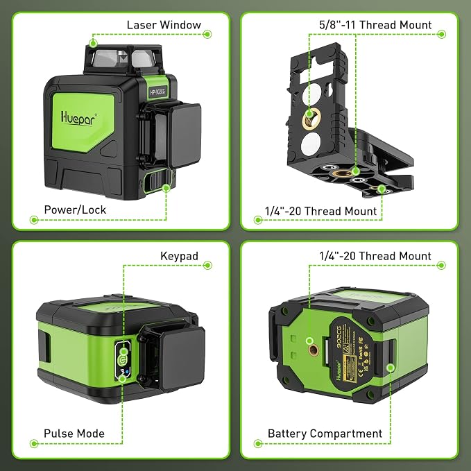 Huepar 902CG Cross Line Laser Level 2x360° Self-Leveling Laser Leveler, 2D Green Cross Line Lazer Level with Pulse Mode, Switchable Horizontal and Vertical, Magnetic Pivoting Base Included