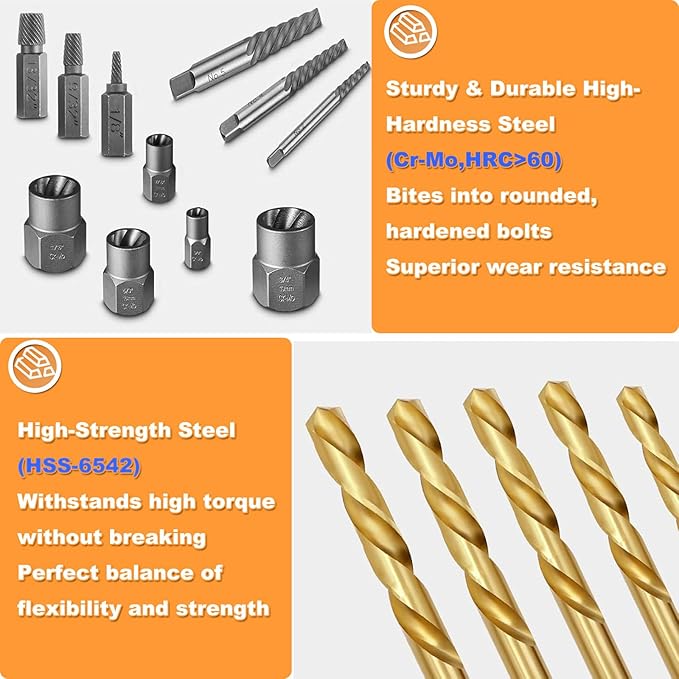 39PCS Screw & Bolt Extractor Set with Left Hand Drill Bit Set,Easy Out Screw Extractor Set,Multi-Spline Stripped Screw Extractor Kit, Bolt Extractor Kit for Studs, Rusted, Bolts & Screws