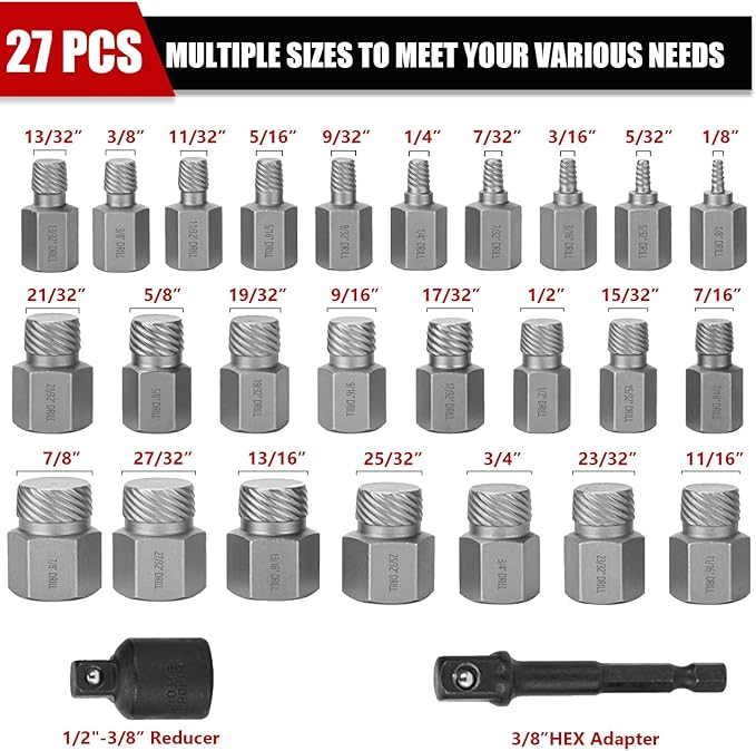 27-Piece Screw Extractor Set, 3/8" Inch Drive Easy Out Bolt Extractor kit Multi-Spline Hex Head for Removing Broken Studs Bolts Socket Screws