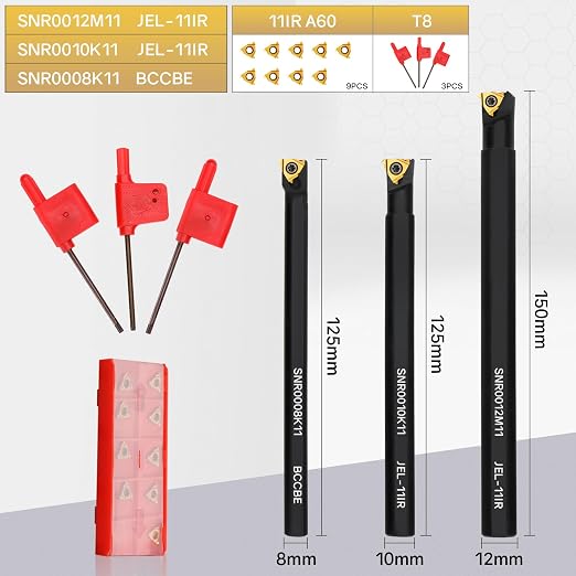 SNR0008K11, SNR0010K11, SNR0012M11 Indexable Lathe Turning Tool 12Pcs Kit, 3 Pcs Metal Lathe Tools Holder Set, with 9Pcs 11IR A60 Carbide Inserts Turning Inserts Carbide Turning Tool
