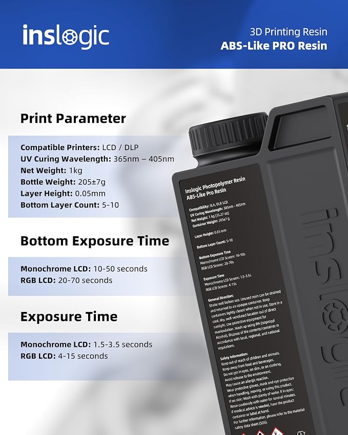 Inslogic ABS-Like Pro Resin 1kg, High Toughness 3D Printer Resin/UV Resin, Fast Curing & Low Odor, Ultra-High Precision Matte Finish for Miniatures, Prototyping & Functional Parts(Black)
