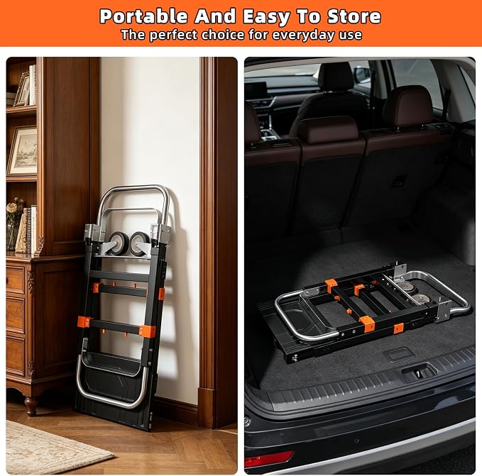 3 in 1 Hand Truck, 600Lbs Capacity, Heavy Duty Collapsible Cart with Retractable Handle, Dolly Cart with 2 Universal Wheel with Brake for Moving Home, Office, School, Shopping, Warehouse, Orange