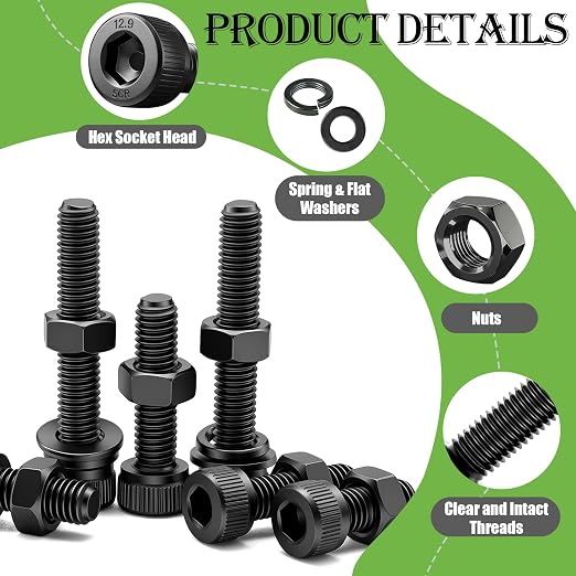 mxuteuk 888PCS Metric Screws Assortment,M4 M3 M2.5 M2 Screws Kit, Suitable for 3D Printing DIY, Grade 12.9 Alloy Steel Hex Socket Head Cap Bolts Nuts and Washers Kit, Black Zinc Plated