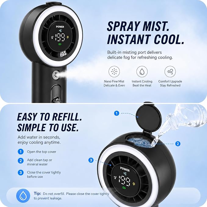 Portable Handheld Turbo Fan with Mist, Ice Cooling Powerful Fan 26000 RPM, 1-199 Speed Adjustable Personal Fan, Flashlight, Dynamic RGB Light, LED, 5000mAh Battery for Travel Office, Home and Outdoor