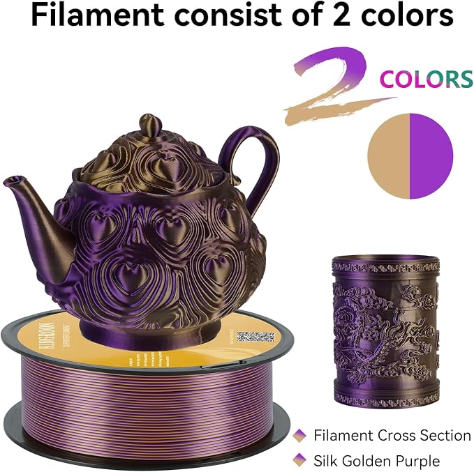 Kingroon PLA Filament, Multicolor Silk PLA Filament, Dual Color 3D Printer Filament, 1.75 mm, Dimensional Accuracy +/- 0.03 mm, 1kg Spool(2.2lbs), Gold Purple