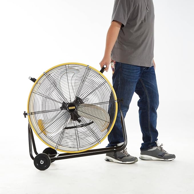 HiCFM 24" Industrial Drum Fan 8800 CFM High Velocity 3-Speed Heavy Duty Metal Air Circulator with Casters Handle for Basement Warehouse Factory workshops