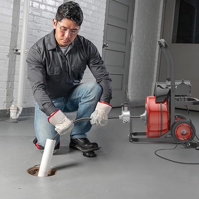 50FT 1/2 Inch Auto Feed Drain Cleaning Machine, Portable Electric Drain Auger with 6 Cutter & Air-Activated Foot Switch, Sewer Snake Drain Cleaner for 1" to 4" Pipes, Red