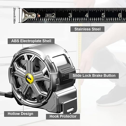 Tape Measure 25ft, Stainless Steel Retractable Tape Measure, Waterproof & Rustproof Steel Measuring Tape with Hollow Design for Renovation, Construction, Carpentry (25')