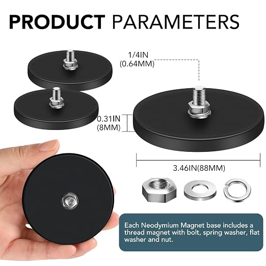 DIYMAG 1/4 Rubber Coated Magnets, 120LBS Anti-Scratch Neodymium Magnet Base Strong Large Magnetic License Plate Hold with Black Rubbers Coating for Light Bar Mirror and Camera 12 Packs