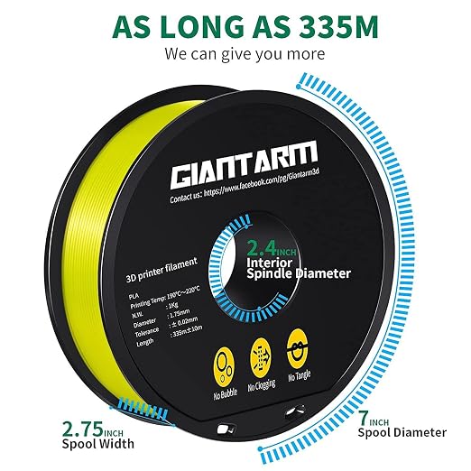 GIANTARM 3D Printer Filament, Silk Yellow Pla Filament, 1Kg(2.2lbs) Spool, 1.75mm Dimension Accuracy +/- 0.03mm, 3D Printing Filament