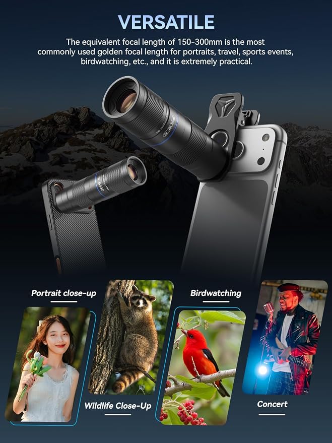 MIAO LAB 5-10X TeleZoom Lens for Smartphones – Aerospace Aluminum Build with Universal Clip for iPhone 17/16/15/14/13 Series (Excluding Air), Samsung, Google, Android – Travel Zoom Kit