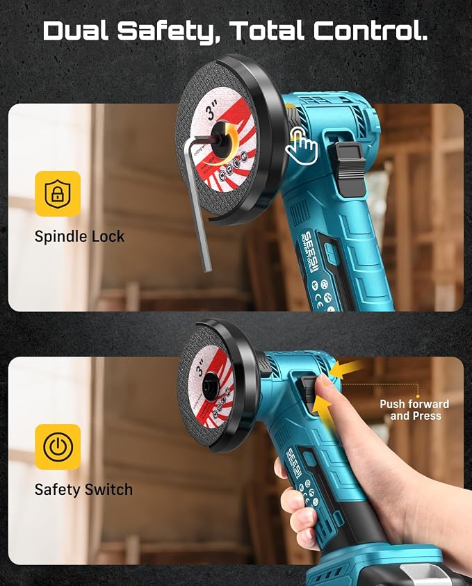 SEESII Cordless Mini Angle Grinder: 3-Inch Brushless Angle Grinder 19000 RPM with 2pcs 21V 2.0Ah Batteries, 7pcs Cutting Discs, 210W Power Electric Grinder Tool for Metal Wood Polishing Rust Removal