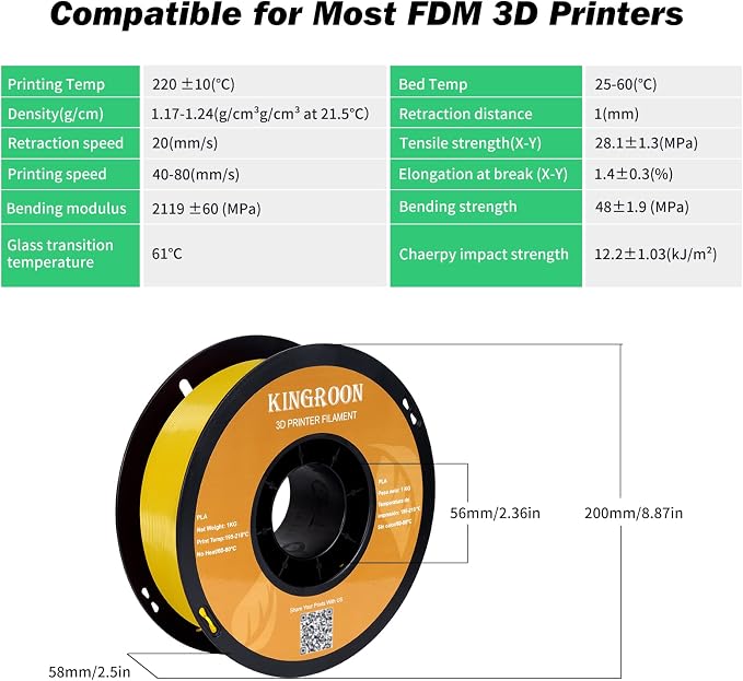 Kingroon PLA 3D Printer Filament, Dimensional Accuracy +/- 0.02 mm, 1 kg Spool(2.2lbs), 1.75 mm，Yellow