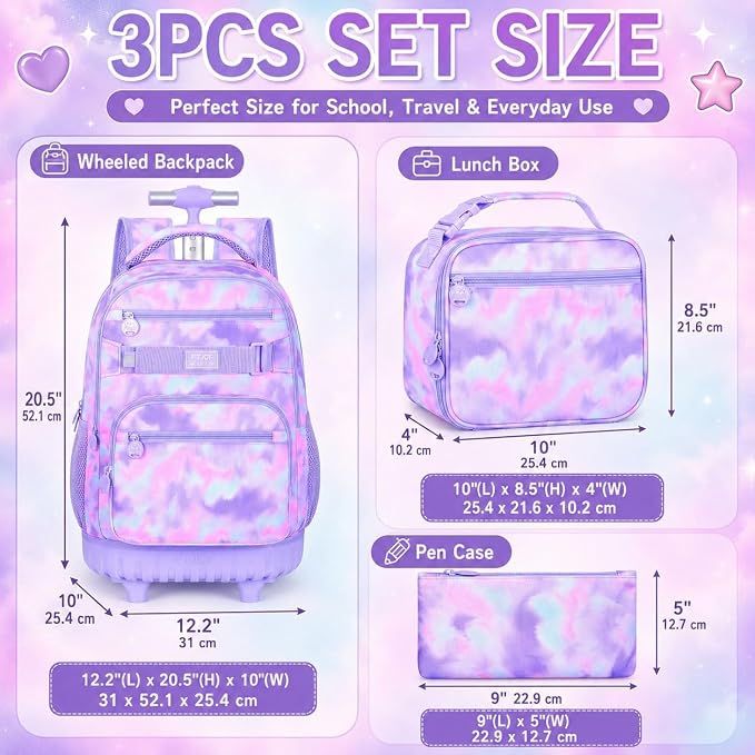 3Pcs Rolling Backpack for Girls Women, Travel Roller Backpacks with Wheels for Adults, Teens College Tie-Dye Wheeled Bookbag with Lunch Box(Purple)