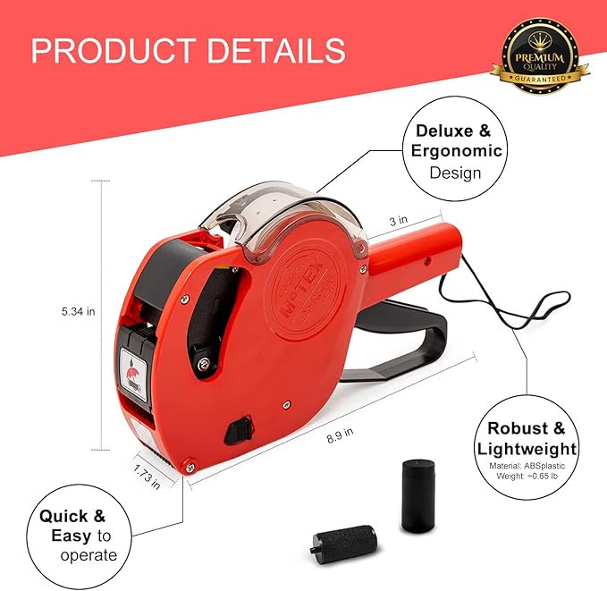 Motex Genuine MX-5500NEW 1 Line 8 Digits Price Tag Gun Kit - Includes 10,000 Blank Labels (White + Red + Yellow + Green) and 1 Pre-Loaded Inker with 1 Ink Refill