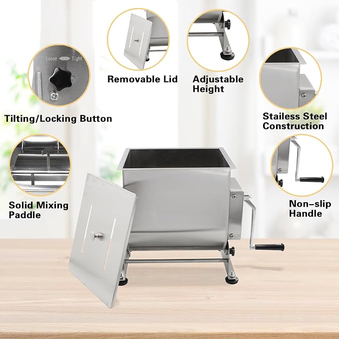 CLIVIA Manual Meat Mixer, 60 Pound Meat Mixer for Sausage, 60lbs Capacity Tilt Tank Sausage Mixer, Stainless Steel Commercial Food Processer for Meat, Vegetable, Burger, Dumplings