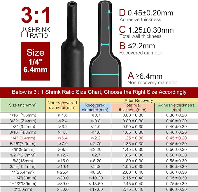 Chanzon 3:1 Ratio - 80ft Roll - Heat Shrink Tubing 1/4" (6.4mm) - Marine Grade Waterproof Adhesive Lined - (25M Total Length) Black Polyolefin Sleeving Wrap Shrinking 3 to 1 Ratio 1pcs