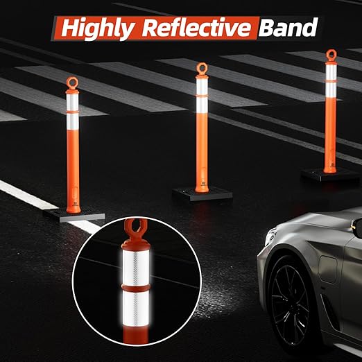 RoadHero 42 Inch Delineator Post with Base, Portable Orange Traffic Delineator Posts Cones with Reflective Collars for Parking Lots, Road Safety, Construction Events (6 Pack)
