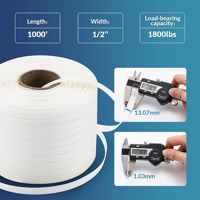 BAOSHISHAN 1/2'' x 1000ft (300m) Woven Cord Strapping Roll | 1800lbs Heavy Duty Banding Pallet Strapping Kit, with Self-Dispensing Box