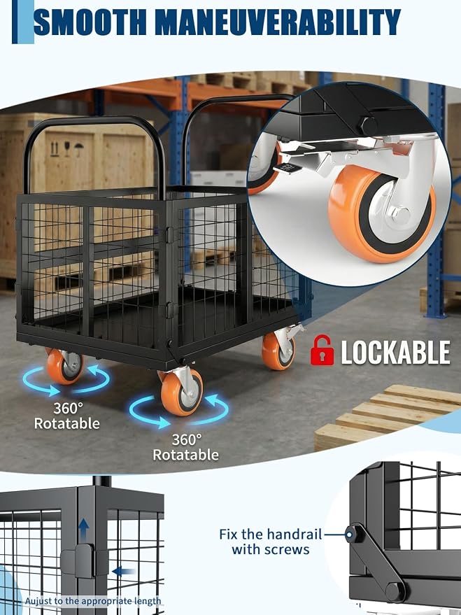 GarveeTech Platform Truck Cart with Cage, 6-in-1 Multi-Purpose Flatbed Cart, Foldable Hand Truck Load 1800 LBS with 4 Wheels Push Cart Dolly for Grocery, Laundry, Garage, Warehouse (Black)