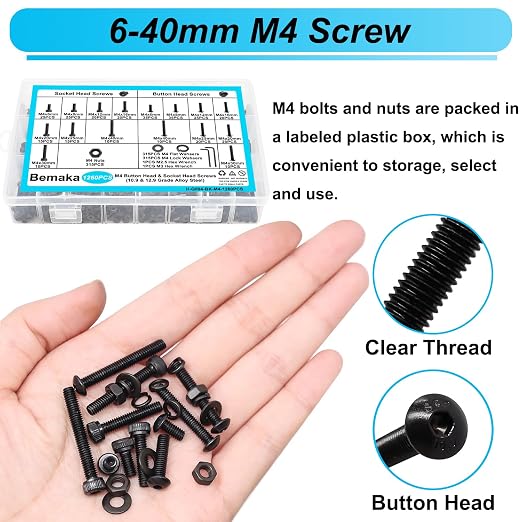 1260Pcs M4 Screw Kit, M4x6/8/12/16/20/25/30/40mm Metric Screws Bolts and Nuts Kit, 10.9 & 12.9 Grade Alloy Steel Button Head and Socket Head Screws, Metric Bolts for 3D Printing
