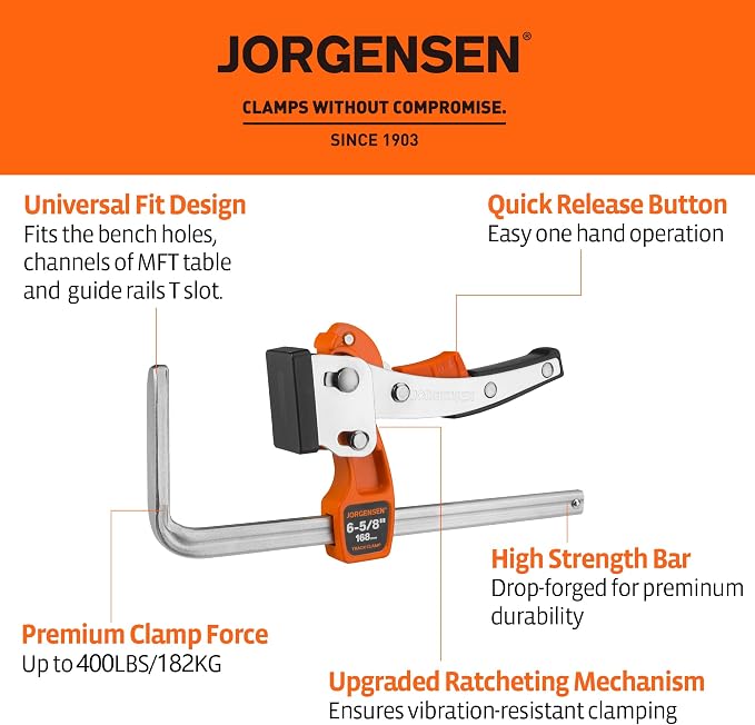 Jorgensen 6-5/8" Ratcheting Table Clamp, Quick Release Track Saw Clamp, Guide Rail Clamps for MFT Table and Guide Rail System, 2-7/8" Throat Depth, 400lbs Load Limit