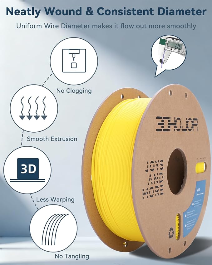 3DHoJor PLA Filament 1.75mm,3D Printer Filament,1kg Cardboard Spool (2.2lbs),Dimensional Accuracy +/- 0.03 mm,Vacuum Packaging,Odor Free,Clog Free, Fit Most 3D FDM Printer,Yellow