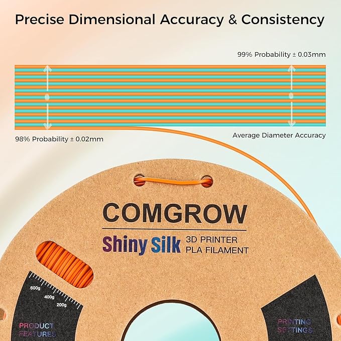 Comgrow Silk Shiny Blue Rose Red Orange and Golden 3D Printer Filament, Comgrow 3D Printing Materials Silk PLA 1.75mm, 3D Printing Filament +/-0.02mm, 250g X 4 Spool