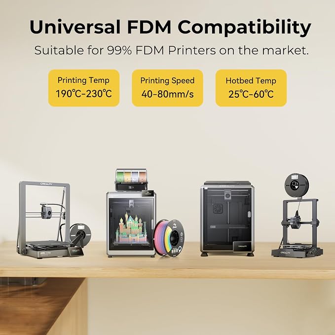 Creality 3D Printer Filament 1.75mm, Rainbow PLA+ Filament No-Tangling Strong Toughness Vacuum Packaging Multi-Color 3D Printing PLA Filament Fit Most 3D Printers