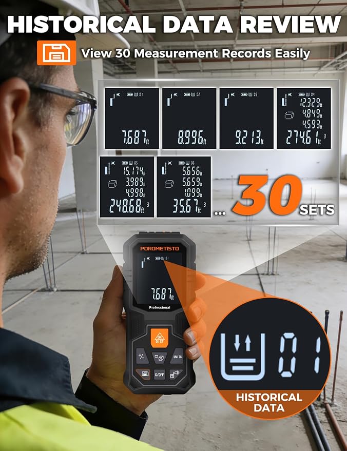 Laser Measure Tool (262ft/80m, ±2mm) with Tripod Mount and Angle Sensor | POROMETISTO 12 Modes（ Angle, Area, Volume, Pythagorean）Handheld Laser Distance meter for Home Construction