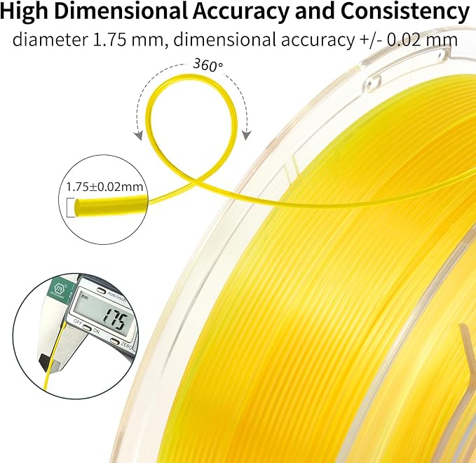 IEMAI Clear PLA Filament 1.75mm Yellow 1kg, Glossy Transparent Finish 3D Printer Filament Up to 600mm/s High Speed Printing for Lampshades, Home Décor & Creative DIY