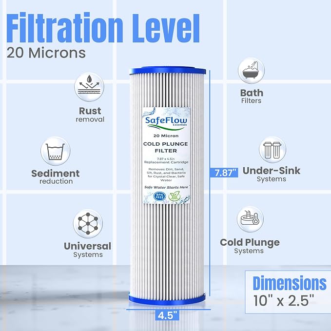 7.7" x 4.5" Ice Bath Water Filter 20 Micron (4-Pack) – Compatible with Cold Plunge All-In & Evolve Pro Chiller | Sediment Filter for Ice Bath & Water Chillers (7.7 x 4.5in, 4, Count)