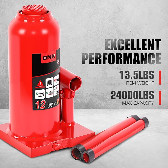 DNA Motoring 12 tons / 24000 lbs Lifting Automotive Welded Hydraulic Bottle Jack for Repair Vehicle, Pickup, Truck, w/Manual Handle, Red,TOOLS-00360