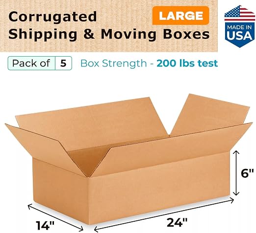 Large Shipping & Moving Boxes 24 x 14 x 6 inches (5-Pack) - Extra Strength 200 lb vs Regular - USA-Made Corrugated Boxes for Moving - Large Moving Box Heavy Duty - Carton Box by IDL Packaging
