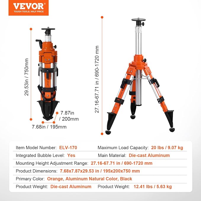 VEVOR Laser Level Tripod Stand, 5/8"-11 Thread Mount, 27.16-67.71 inch Height Adjustment Heavy Duty Survey Tripod, with Level Bubble & Diffusion Limiter, Liftable Non-Skid Feet for Construction